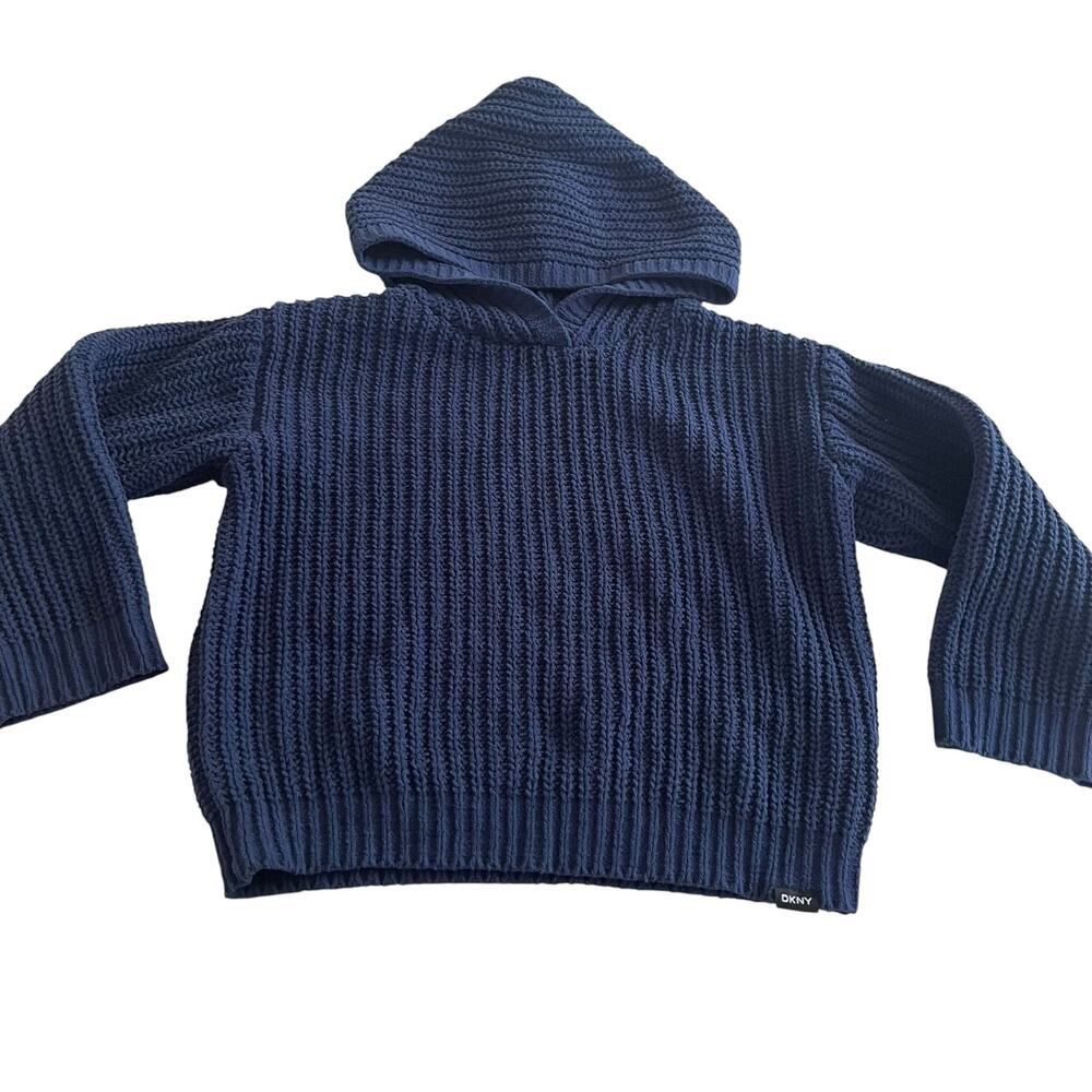 DKNY Boys Navy Ribbed Knit Hoodie Sweater Size 3 Designer EUC Blue